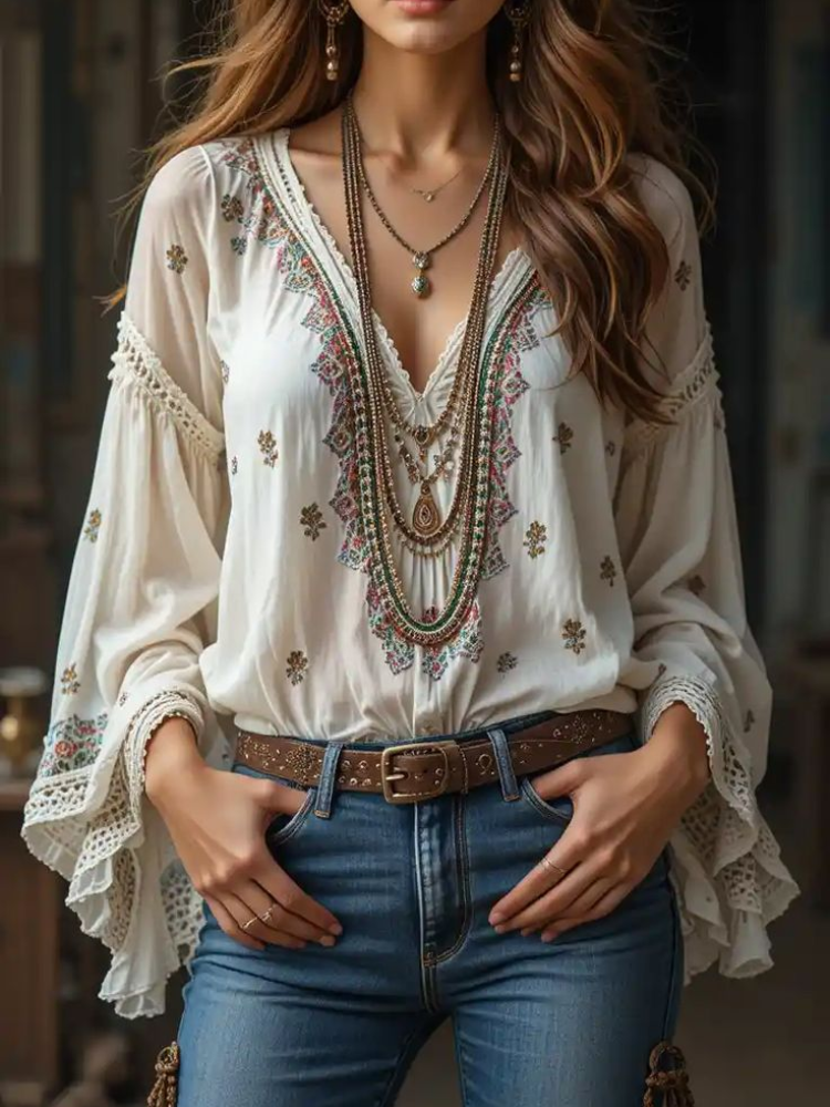 Women'S Formal Wear Blouse - Women V-neck Ethnic Style Long-Sleeved Top