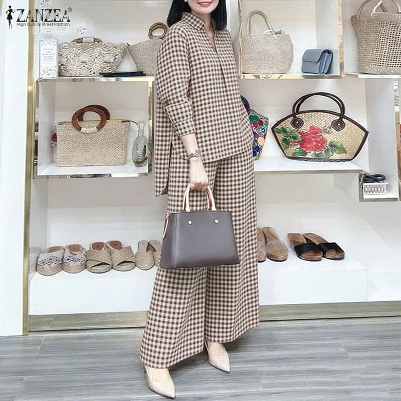 Women'S Formal Wear Blouse - ZANZEA Women's Gingham Pant Suits Collared