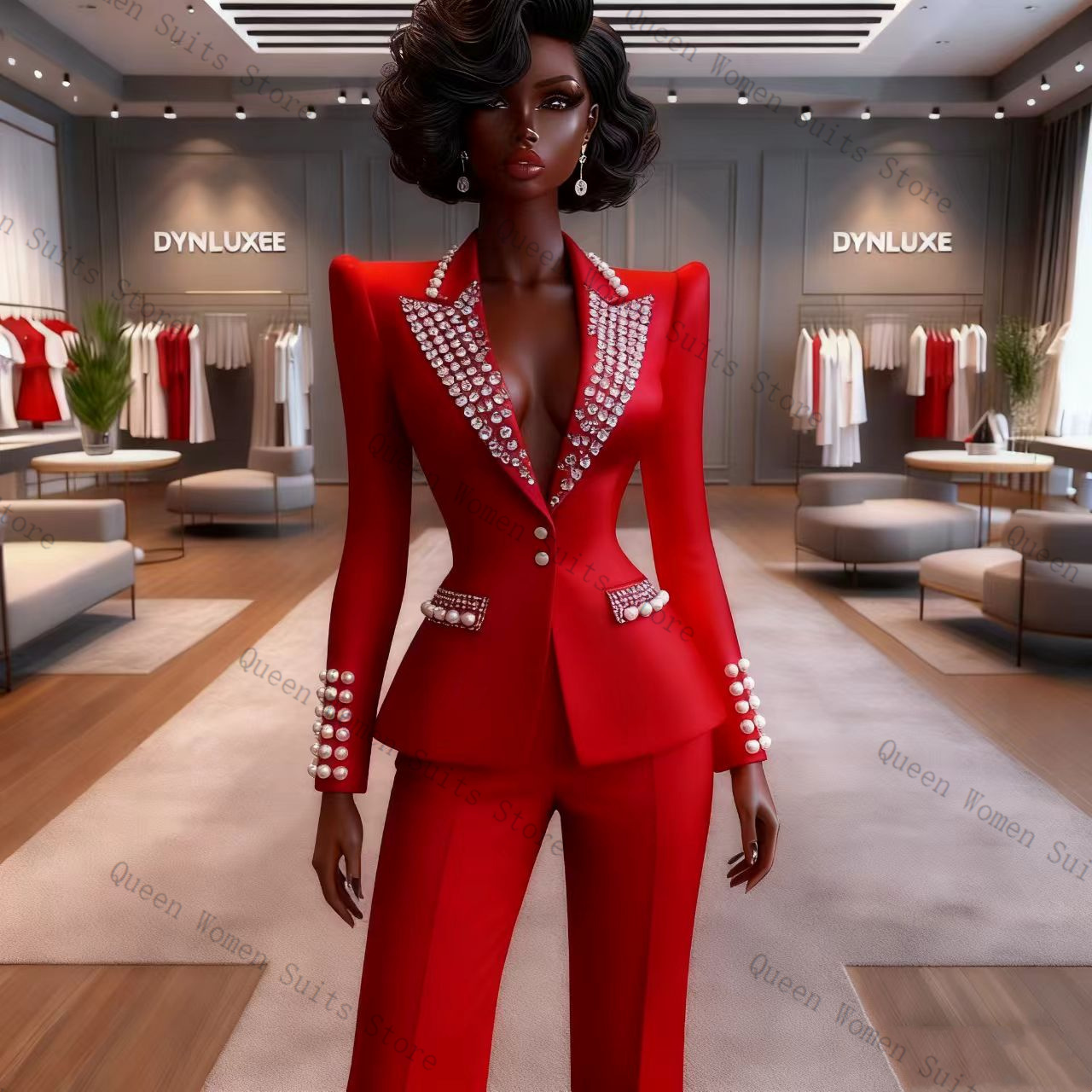 Women Formal Wear Blazer Set - Pearls Red Women Suit Pants Set