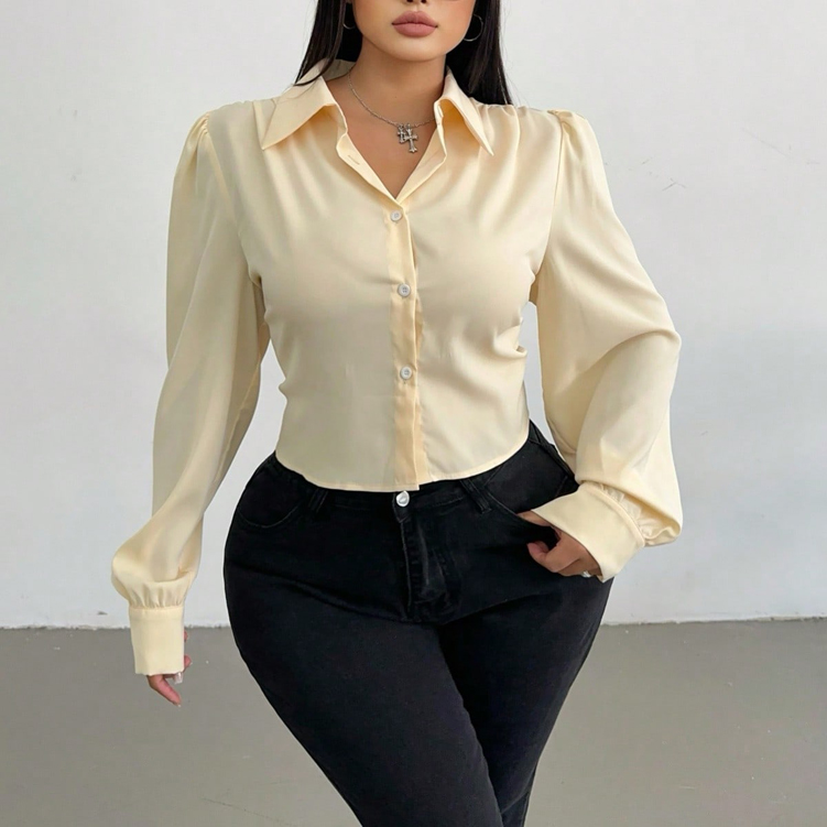 Women'S Formal Wear Blouse - Plus Size Curvy Women Cream Satin