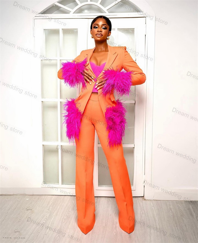 Women Formal Wear Blazer Set - Ostrich Feather Orange Women Suits Pants