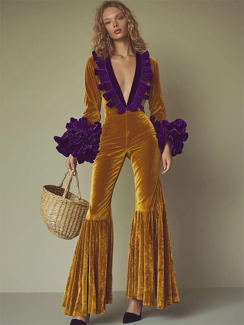 Women'S Formal Wear Jumpsuit - Yellow Purple Velvet Women Jumpsuit Sexy