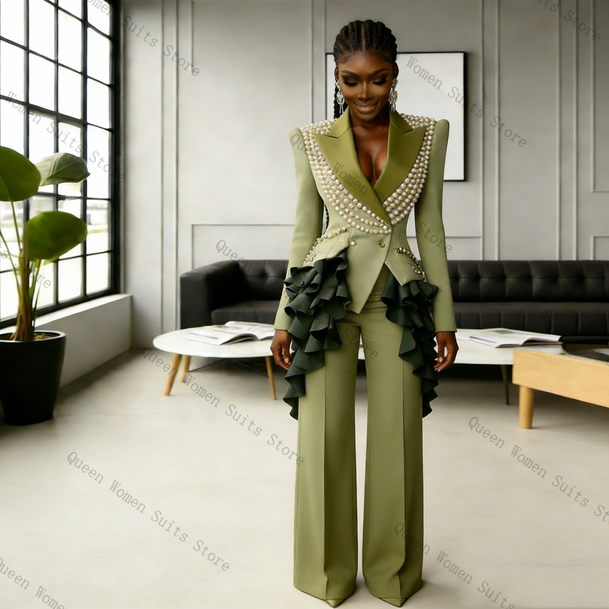 Women Formal Wear Blazer Set - Luxury Pearls Women Suit Pants Set