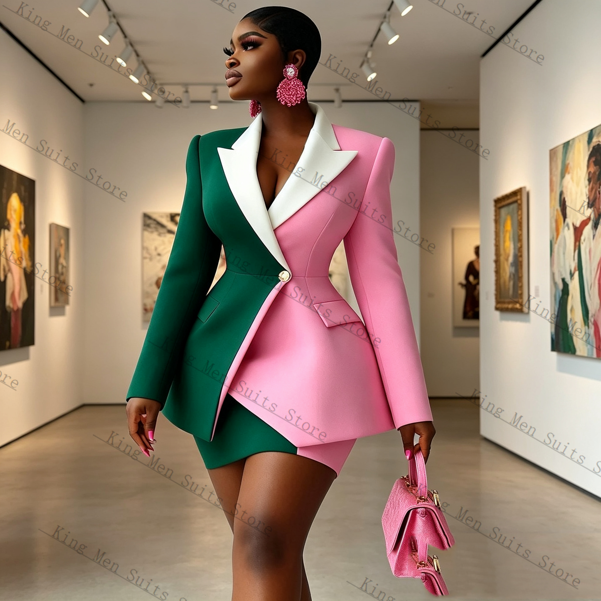 Pink Green Women Suit Skirt Se - Women Formal Wear Blazer Set recension och pris