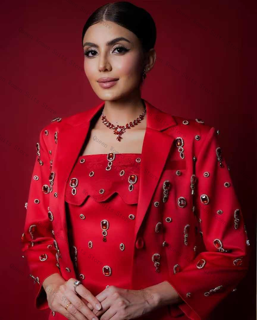 Luxury Red Crystals Women Suit - Women Formal Wear With Skirt recension och pris