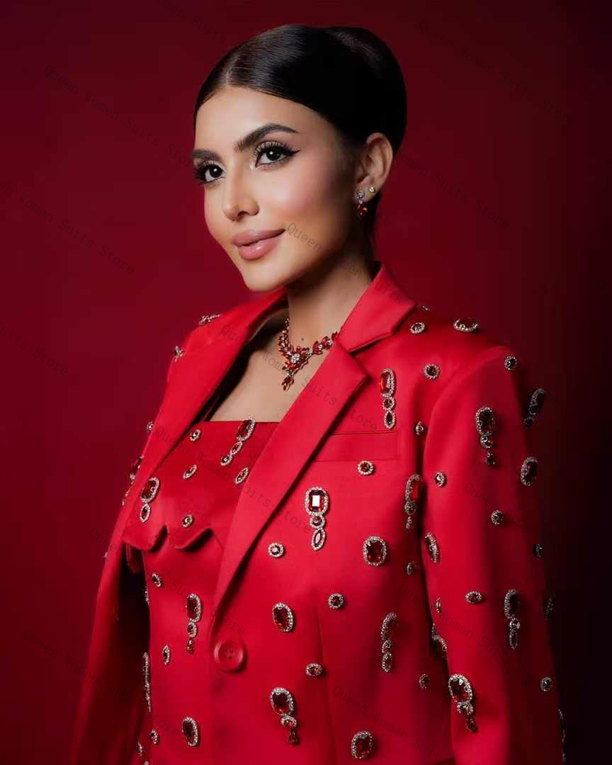 Luxury Red Crystals Women Suit - Women Formal Wear With Skirt recension och pris