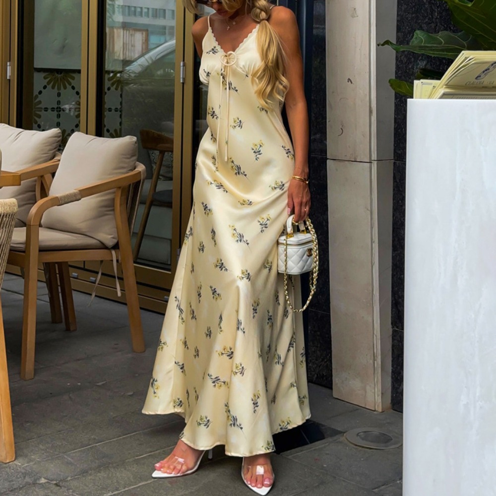 Elegant Slim Fit Floral Suspen - Wrap Dress Work recension och pris