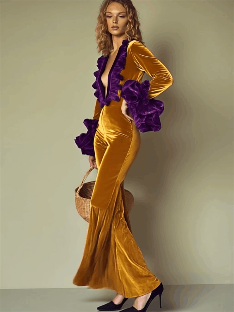 Yellow Purple Velvet Women Jum - Women'S Formal Wear Jumpsuit recension och pris